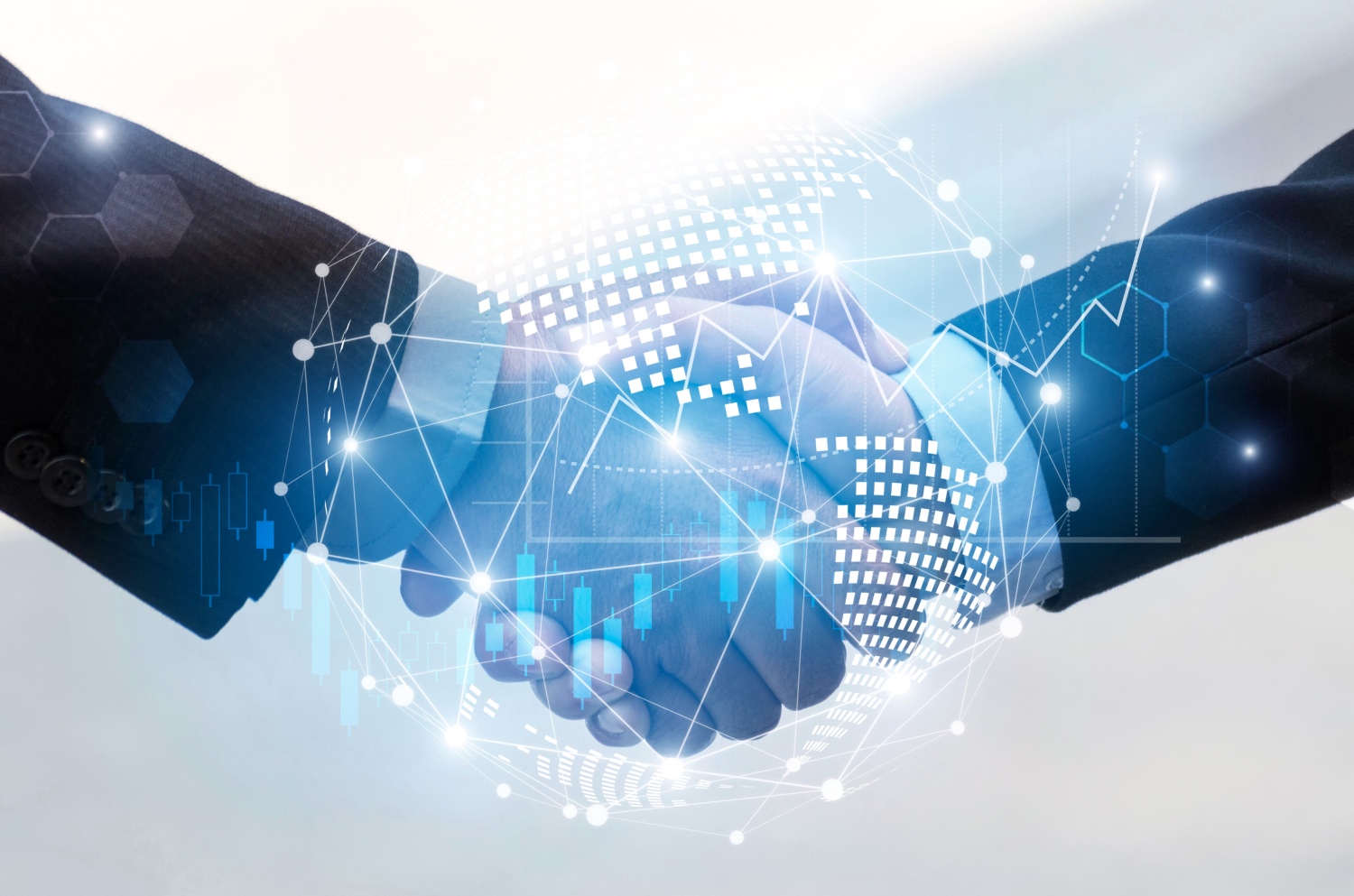 width 1500 Neon blue graphic illumination and designs surrounding a business handshake